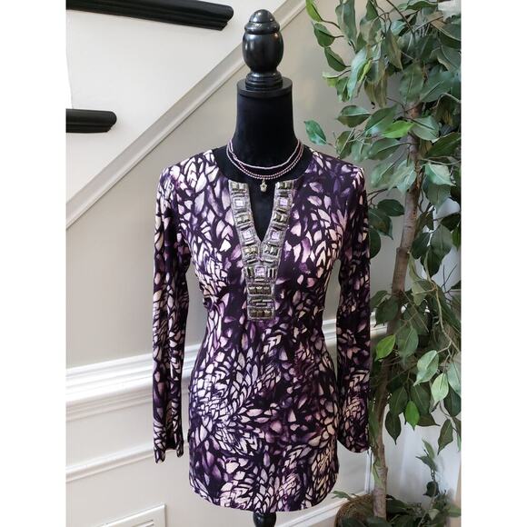 Women's Chico's Purple Leaf Print Long Sleeve Top with Rhinestone Detail Size S - Picture 1 of 8